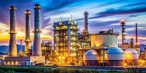 A detailed stock photo of an atomic nuclear reactor in a refinery industry setting