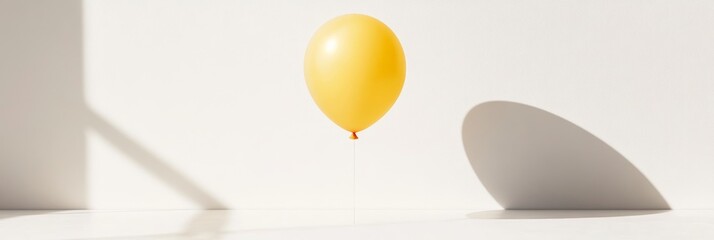 a single helium balloon in a soft yellow shade, floating above a minimalistic white surface with sof