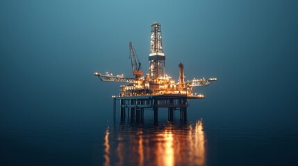 Sticker - Illuminated offshore oil rig platform in the ocean at night.