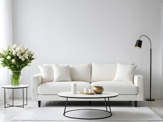 Poster - Interior of modern living room with white sofa, coffee table and flower