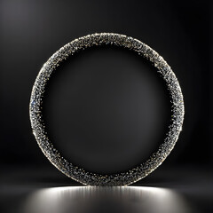 Black circle with glittering particles on a black background.