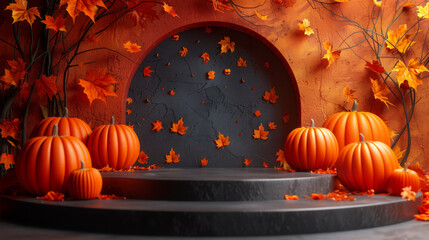 Autumn pumpkins on dark steps with vibrant orange leaves and branches, creating a festive and cozy Halloween scene in warm seasonal colors