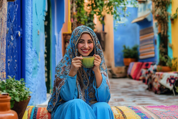 Wall Mural - A woman in a blue scarf is smiling and holding a cup of tea