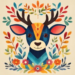 Poster - Colorful Deer with Floral Wreath.