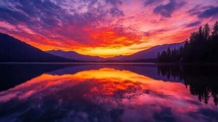 A beautiful sunset wallpaper showing a sunset scene over a lake with trees and other natural elements