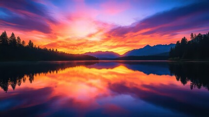 A beautiful sunset wallpaper showing a sunset scene over a lake with trees and other natural elements