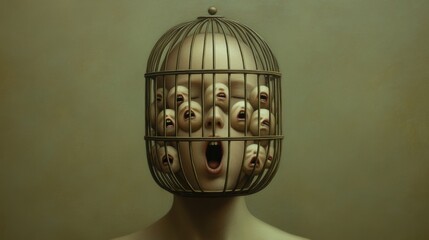 Poster - A person with a bird cage on their head and many faces, AI