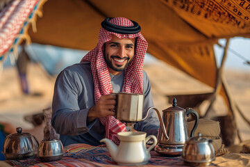 A man in a traditional Arabian outfit is smiling and holding a cup of coffee