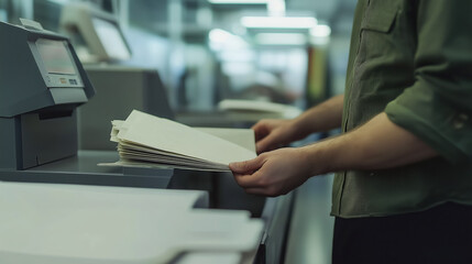 A man is standing in front of a printer, holding a piece of paper