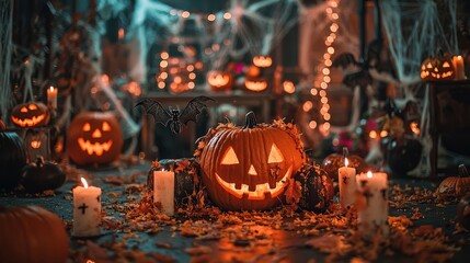 Sticker - Jack-o'-lantern with glowing eyes and a wide smile surrounded by candles and autumn leaves on a spooky Halloween background.