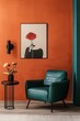 © Adi - Stylish Minimalist Living Room with Vibrant Orange Wall and Artistic Decor