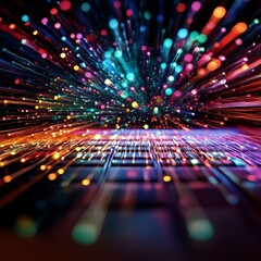 Canvas Print - Keyboard with colorful lights exploding from center.