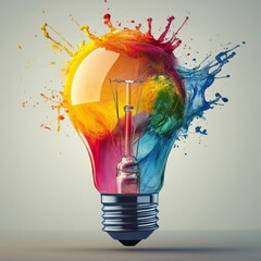 Poster - Lightbulb bursting with colorful liquid, symbolizing creativity and inspiration.