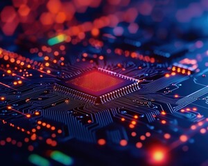 Poster - Close-up of a glowing computer microchip on a motherboard, emphasizing the intricate patterns of the circuitry.