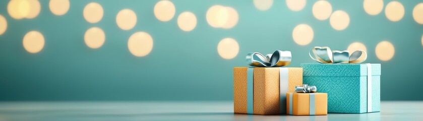 Colorful gift boxes with ribbon on a soft teal background with bokeh lights, creating a festive and celebratory mood.