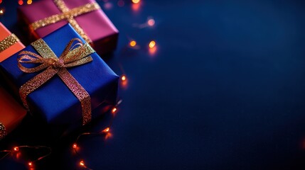 Colorful gift boxes with golden ribbons against dark background with twinkling lights, perfect for festive holiday and celebration themes.