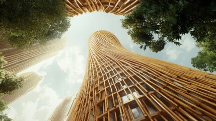 Sticker - Low angle view of a tall modern bamboo building with blue sky and white clouds in the background.