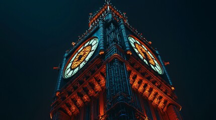 Poster - Low angle view of the iconic clock tower with its illuminated clock face.