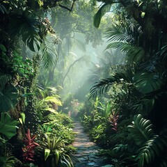 Wall Mural - Lush green jungle path with morning mist and light.