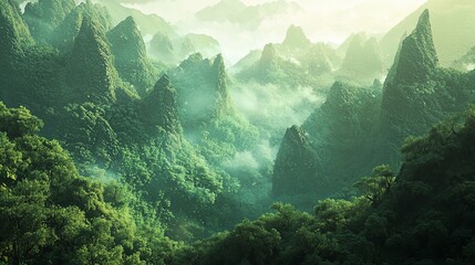 Poster - Lush green mountain range covered in mist with a sunbeam shining through the clouds.