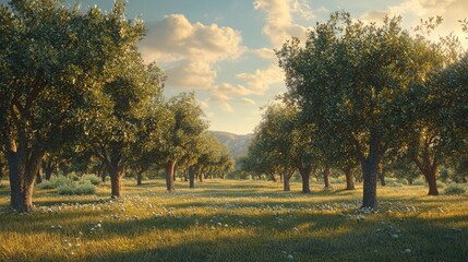 Sticker - Lush green trees in a field with wildflowers and a distant mountain range under a clear blue sky.