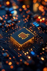 Poster - High-tech close-up of a microchip on a circuit board, illuminated with vibrant lights, showcasing advanced technology and computer engineering.