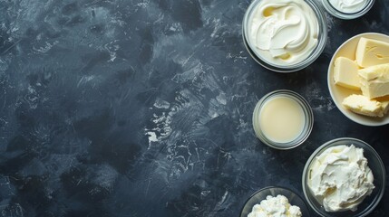 Poster - Delicious creamy ingredients displayed on a dark textured surface. Various types of dairy products are arranged in clear containers. Perfect for food photography and cooking inspiration. AI