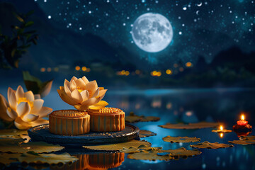 Mid-Autumn Festival full moon mooncake festival 3d illustration
