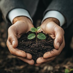 Sticker - Man's hands holding a small green plant in a mound of soil.