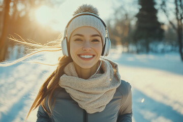 A woman is running in the snow with a backpack on