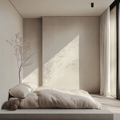 Sticker - Minimalist bedroom with a bed on a platform, white linens, and a small tree in the corner.