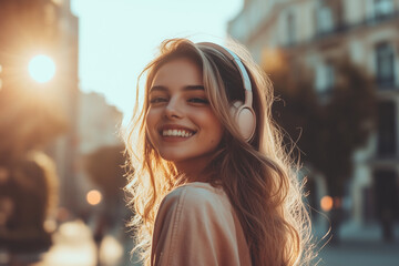 A woman with long hair is smiling and wearing headphones