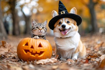 Corgi dog in witch hat with striped cat and carved pumpkin in autumn forest for Halloween

