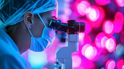 80s Cyberpunk Ophthalmologist Performing Eye Surgery An ophthalmologist in an 80s style performing eye surgery using advanced equipment that displays colorful lights and digital graphics.Stock Photo