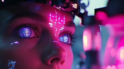 80s Cyberpunk Ophthalmologist Performing Eye Surgery An ophthalmologist in an 80s style performing eye surgery using advanced equipment that displays colorful lights and digital graphics.Stock Photo