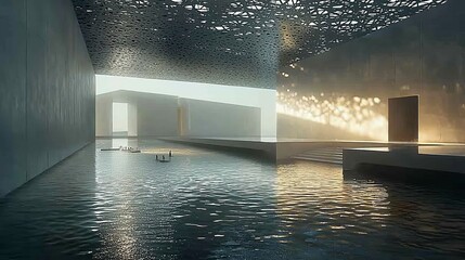 Poster - Modern architecture with a water feature and a geometric ceiling.