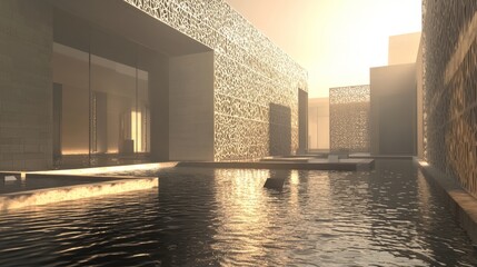 Wall Mural - Modern architecture with intricate latticework and a reflecting pool in a soft, hazy light.