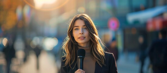 reporter on the street with microphone