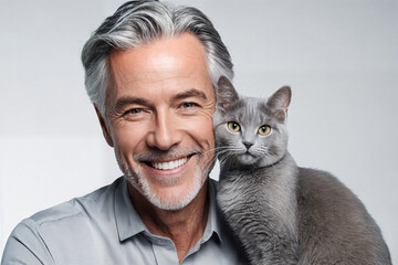 Bearded adult man with grey hair with cute grey cat on white background