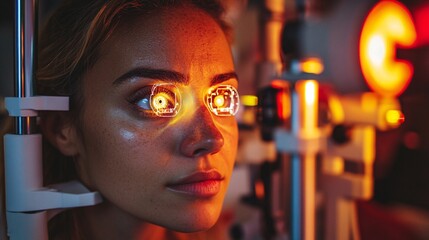 Vintage Eye Examination with Augmented Reality Eye examination using vintage equipment with Augmented Reality displays.Stock Photo with copy space