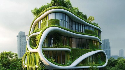 Sticker - Modern building with a green roof, surrounded by greenery.