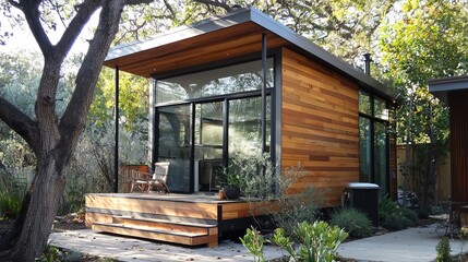 Sticker - Modern cabin with wooden siding and large windows, surrounded by greenery, with a wooden deck and steps leading to a paved patio.