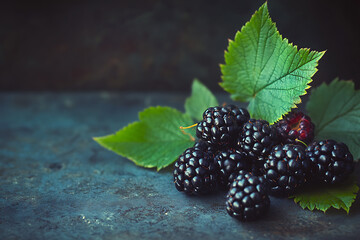 Wall Mural - A close-up of fresh blackberries with green leaves on a textured surface.