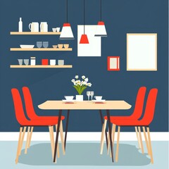 Canvas Print - Modern dining room with red chairs and a wooden table.