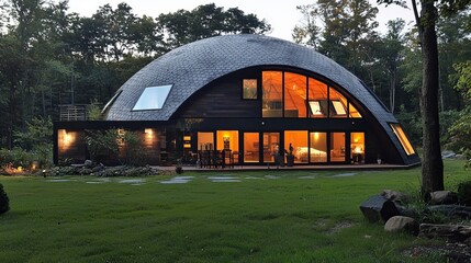 Poster - Modern dome house with large windows and a wooden exterior, set against a lush green forest backdrop.