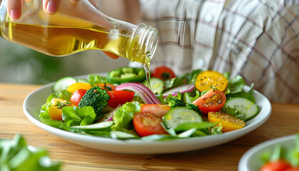 Woman adding tasty apple vinegar into salad with vegetables on plate