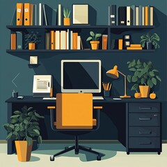 Wall Mural - Modern Home Office Workspace with Desk, Computer, and Plants.