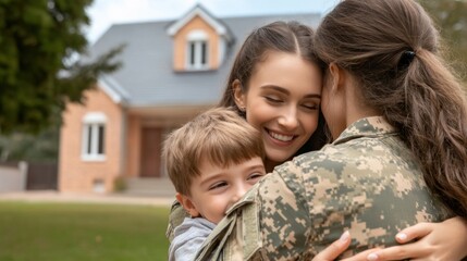 Poster - A woman in military uniform hugging a child outside of her house, she is happy to back home, AI