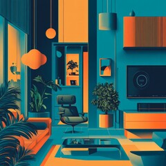 Wall Mural - Modern living room with orange and blue accents, featuring a comfortable armchair, a coffee table, and lush greenery.