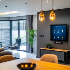 Canvas Print - Modern living room with smart home technology, featuring a large TV, a potted plant, a dining table, and a cozy armchair.